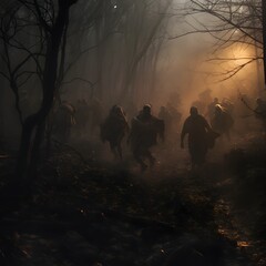 Eerie Horde of Zombies Marching Through Mysterious Foggy Forest at Dusk  Apocalyptic horror themed scene with undead creatures silhouetted in the gloomy atmospheric environment