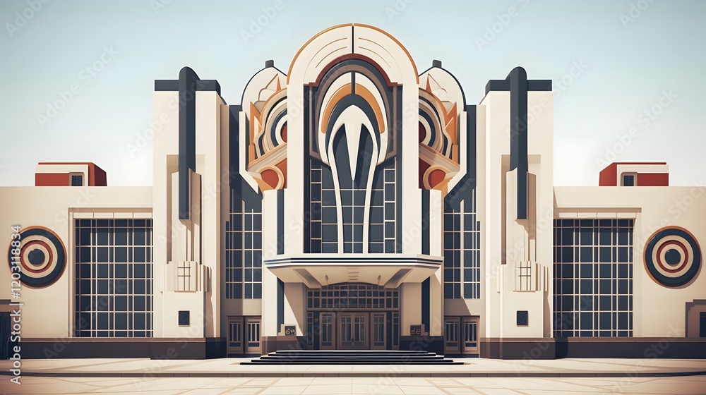 Poster striking geometric art deco inspired building with bold patterns and symmetrical facade design in a 