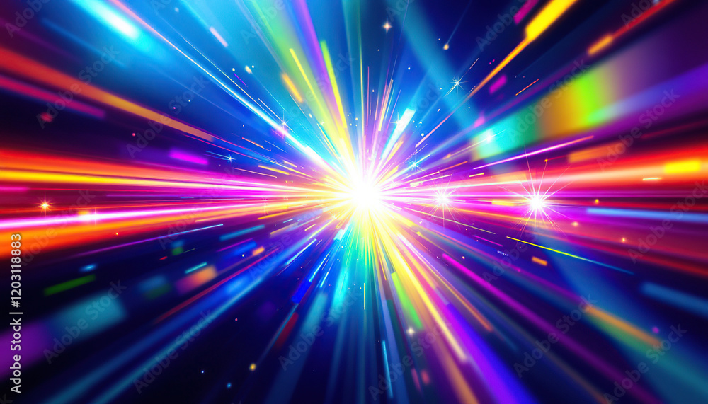 Poster vibrant rainbow light rays exploding from center
