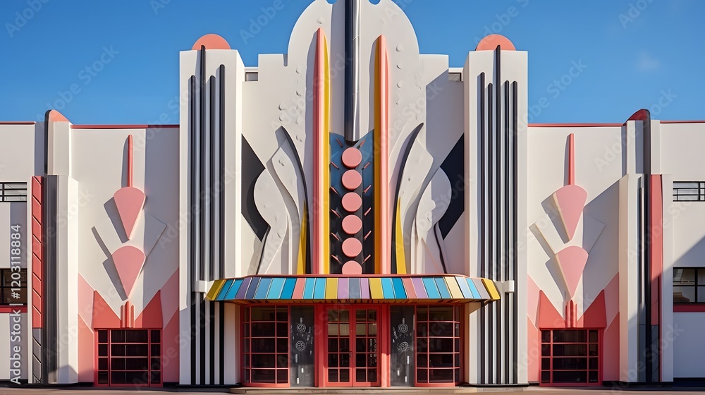 Poster a breathtaking art deco style building with bold geometric patterns and a symmetrical elegant facade