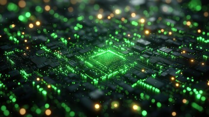Obraz premium Abstract representation of a digital circuit board with glowing green lights and data flow patterns