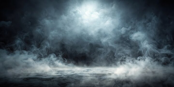 Dense foggy mist envelops a dark canvas, giving an air of mystery and eeriness