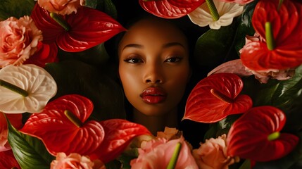 Woman Surrounded By Vibrant Red And Pink Flowers