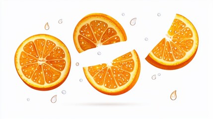 Juicy orange slices falling isolated on white background food