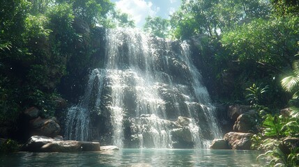 Lush jungle waterfall cascades into tranquil pool. Perfect for travel brochures