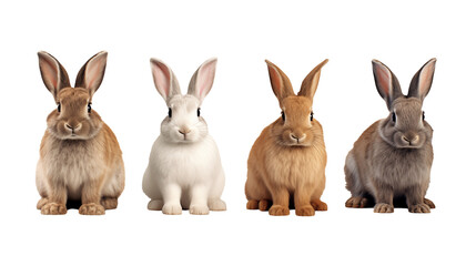 Four adorable rabbits posing against a black background perfect for pet websites Easter cards or childrens books