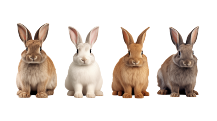 Four adorable rabbits posing against a black background perfect for pet websites Easter cards or childrens books