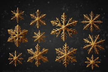A set of golden snowflakes isolated on a black background