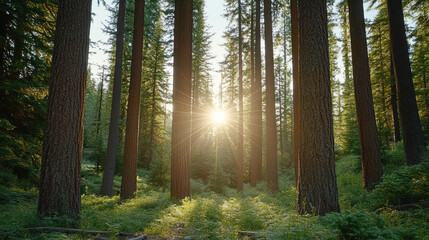 tranquil forest with sunlight streaming through tall trees, creating serene atmosphere