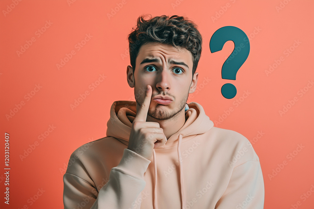 Poster man with a quizzical look on his face is standing in front of a red background. the image is titled 