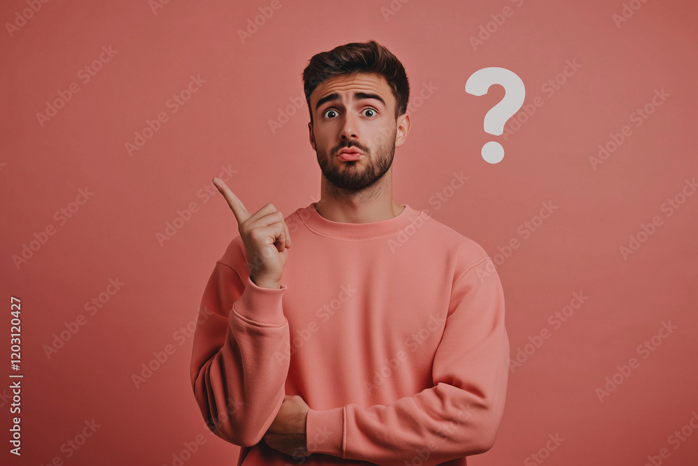 Poster man in a pink shirt points to a question mark on a pink background. concept of curiosity and uncerta