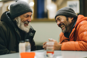 Two homeless men sharing a conversation over coffee in a warm public space, highlighting connection and mutual support
