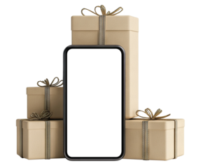 Smartphone with gift boxes, isolated on transparent cutout background