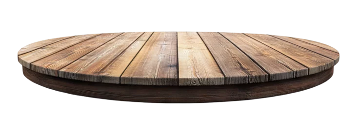 Round wooden platform made of aged wood, isolated on transparent cutout background