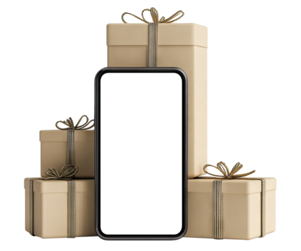 Smartphone with gift boxes, isolated on transparent cutout background