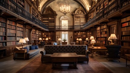 This image depicts a historic library with high vaulted ceilings and grand bookshelves lining the walls showcasing the academic knowledge scholarly tradition