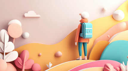 colorful flat design illustration of character wearing backpack, standing in whimsical, pastel toned landscape with abstract trees, hills, and clouds, evoking sense of adventure