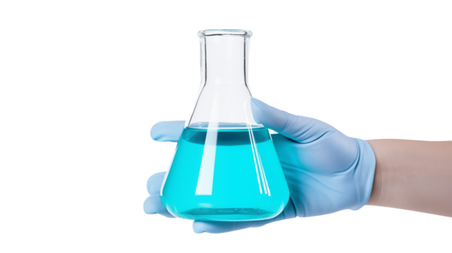 Gloved Hand Holding Erlenmeyer Flask with Bright Blue Liquid Science Experiment Chemistry Lab Research Medical Healthcare