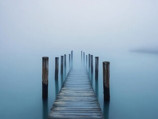 Misty Morning Pier Tranquil Blue Water Scene. AI Generated