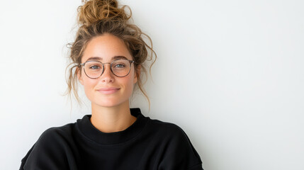 Obraz premium Confident woman with glasses smiling against light background