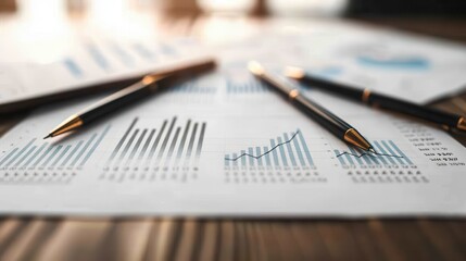 Business charts and graphs with pens on a wooden table.