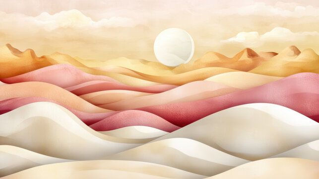 serene desert landscape with warm ochre and sand tones, featuring rolling dunes in gradient hues of red, pink, and beige under soft sunlit sky with scattered clouds
