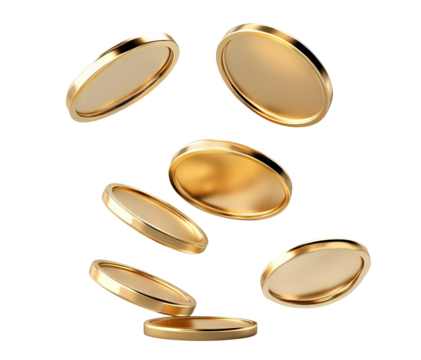 Floating gold coins in motion, isolated on transparent cutout background