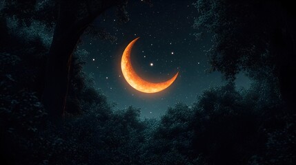 Fototapeta premium Enchanted Forest Night Scene with Glowing Crescent Moon and Stars