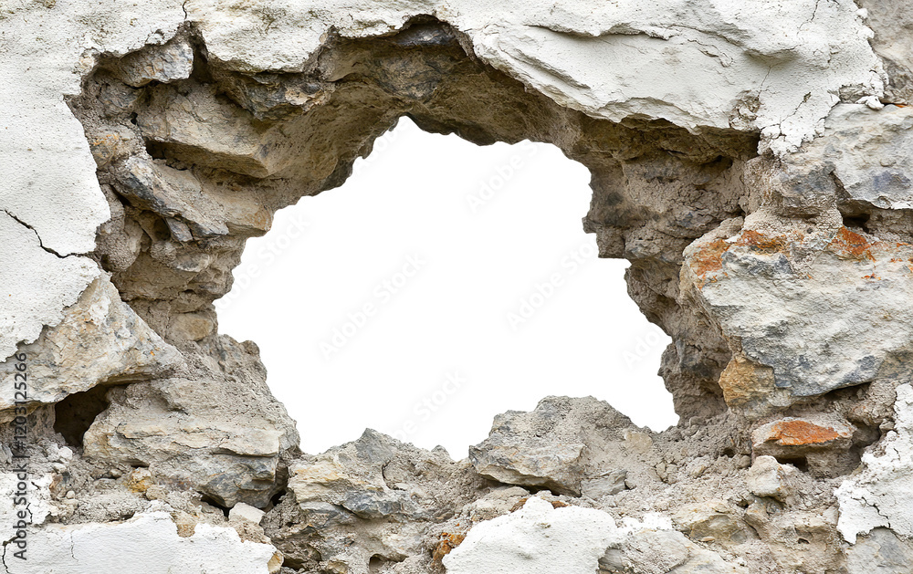 Poster rough hole in a stone wall with sharp, jagged edges, creating a natural frame against a transparent 