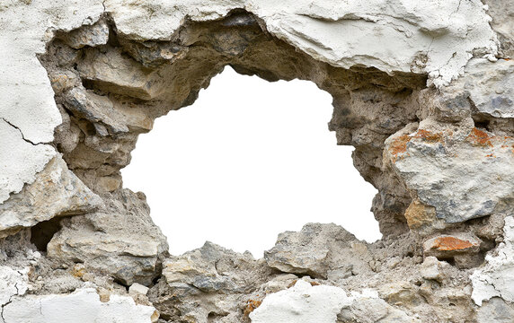 Rough hole in a stone wall with sharp, jagged edges, creating a natural frame against a transparent background