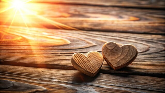 Wooden hearts resting on a rustic table with sunlight filtering through the cracks