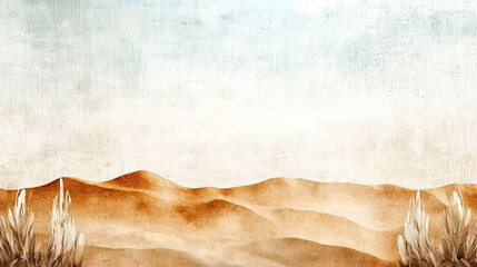 serene desert landscape with soft sand dunes blending into horizon under pale blue sky, framed by dry desert plants. texture adds rustic and artistic touch