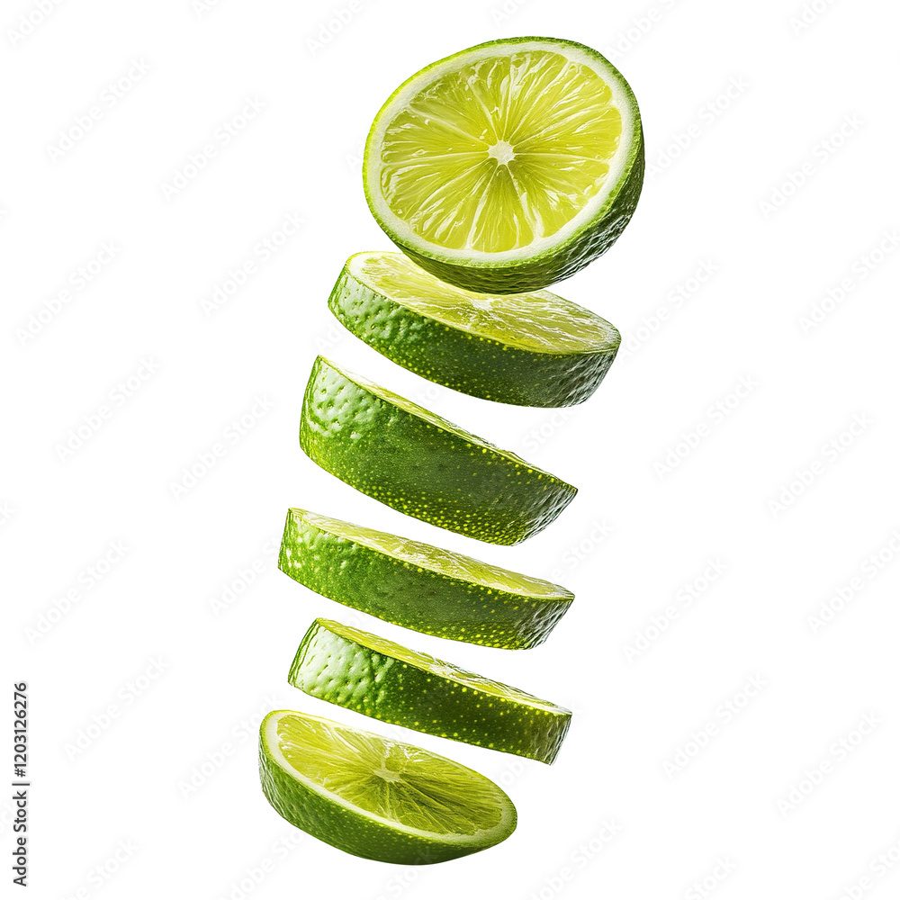 Poster floating green lime slices arranged vertically, isolated on transparent cutout background