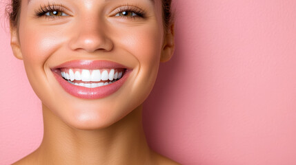 Obraz premium woman with radiant smile against bright pink background