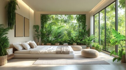 Fototapeta premium A tranquil indoor jungle oasis with vibrant green plants arranged thoughtfully in a minimalist modern space.
