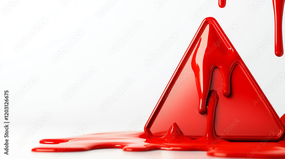Poster abstract red triangular shape dripping with vibrant paint on a white background, perfect for creativ