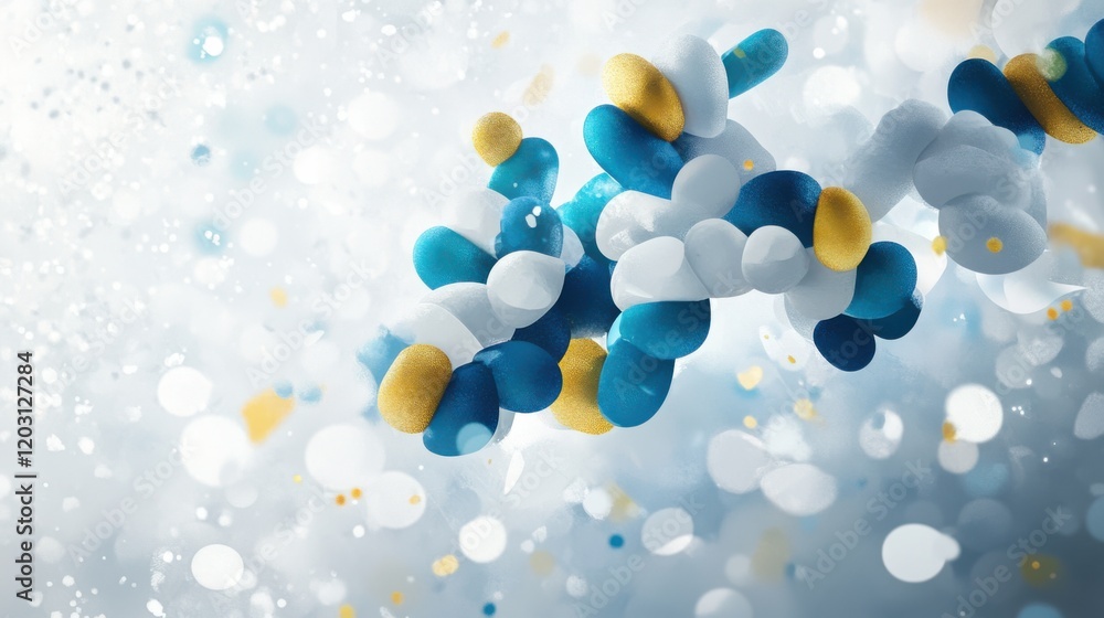 Poster abstract molecular structure with blue, white, and yellow elements on a soft bokeh background