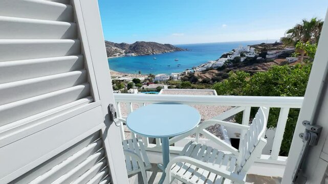 Beautiful terrace with sea view in Ios island, Greece. Blue sea and the blue sky. Travel and summer vacation concept. 
