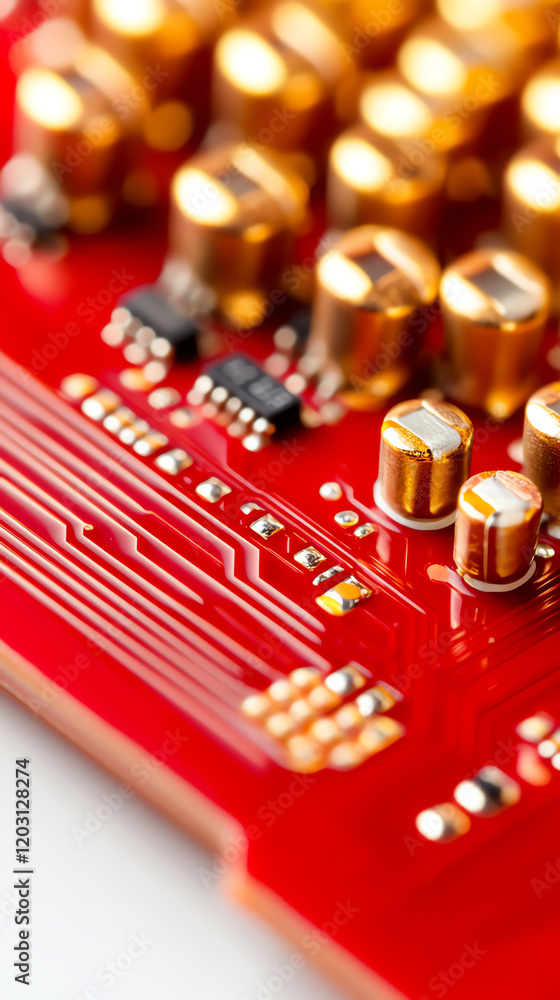 Poster close-up of a red circuit board showcasing intricate details and components that power modern electr