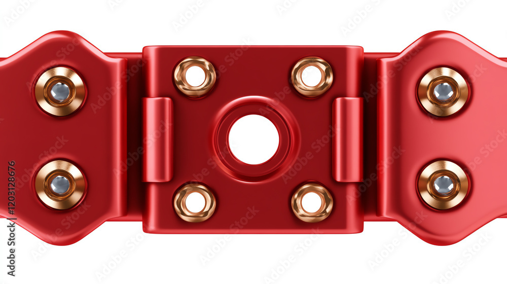 Poster close-up of a red mechanical component with brass screws, showcasing intricate design and engineerin