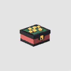 Obraz premium Pixelated Treasure Chest with Gold Coins on Top Green Lid Red Box 3D Isometric View