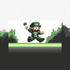 Pixel Art Leprechaun Running with Clover on Colorful Platform and Backgrounds