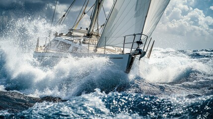 Obraz premium A sailboat with white sails navigates through rough ocean waves under a dark