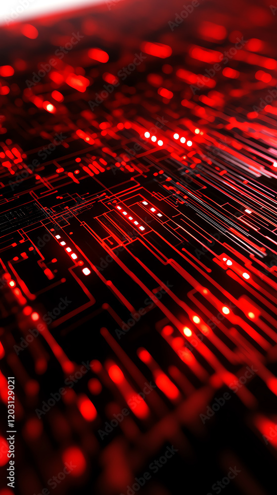Poster close-up view of a vibrant red circuit board, showcasing intricate electronic pathways and glowing l