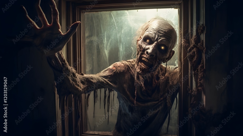 Poster chilling image of a zombie s hand reaching through a broken window in an old dilapidated house creat