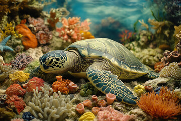 Fototapeta premium A peaceful green sea turtle resting on a coral bed amidst an array of colorful sponges and sea anemones in a tropical reef setting. Ai generated