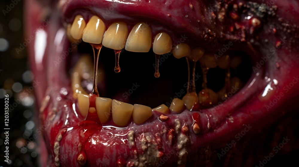 Poster chilling close up shot of a set of zombie teeth dripping with an eerie 16 9 widescreen aspect an int