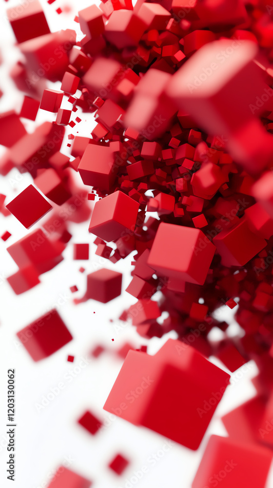 Poster dynamic composition of floating red cubes on a white background, perfect for modern backgrounds or a
