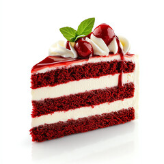 Delicious slice of red velvet cake topped with fresh cream, cherries, and mint, perfect for dessert lovers and celebrations.