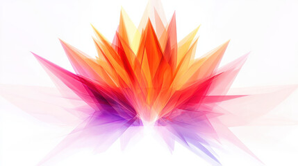 An abstract shape of a flame-like figure, sharp and angular design with intense color gradients from orange to red to purple, glowing edges against a pure white background. A minimalist